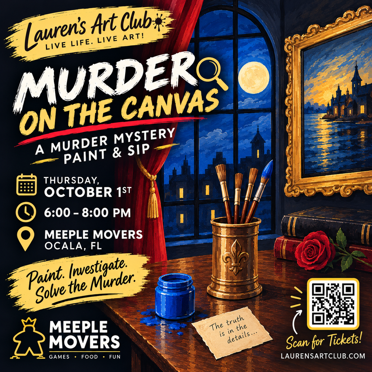 October 1st - Meeple Movers Board Game Cafe - Ocala - MURDER ON THE CANVAS: A Murder Mystery Paint & Sip