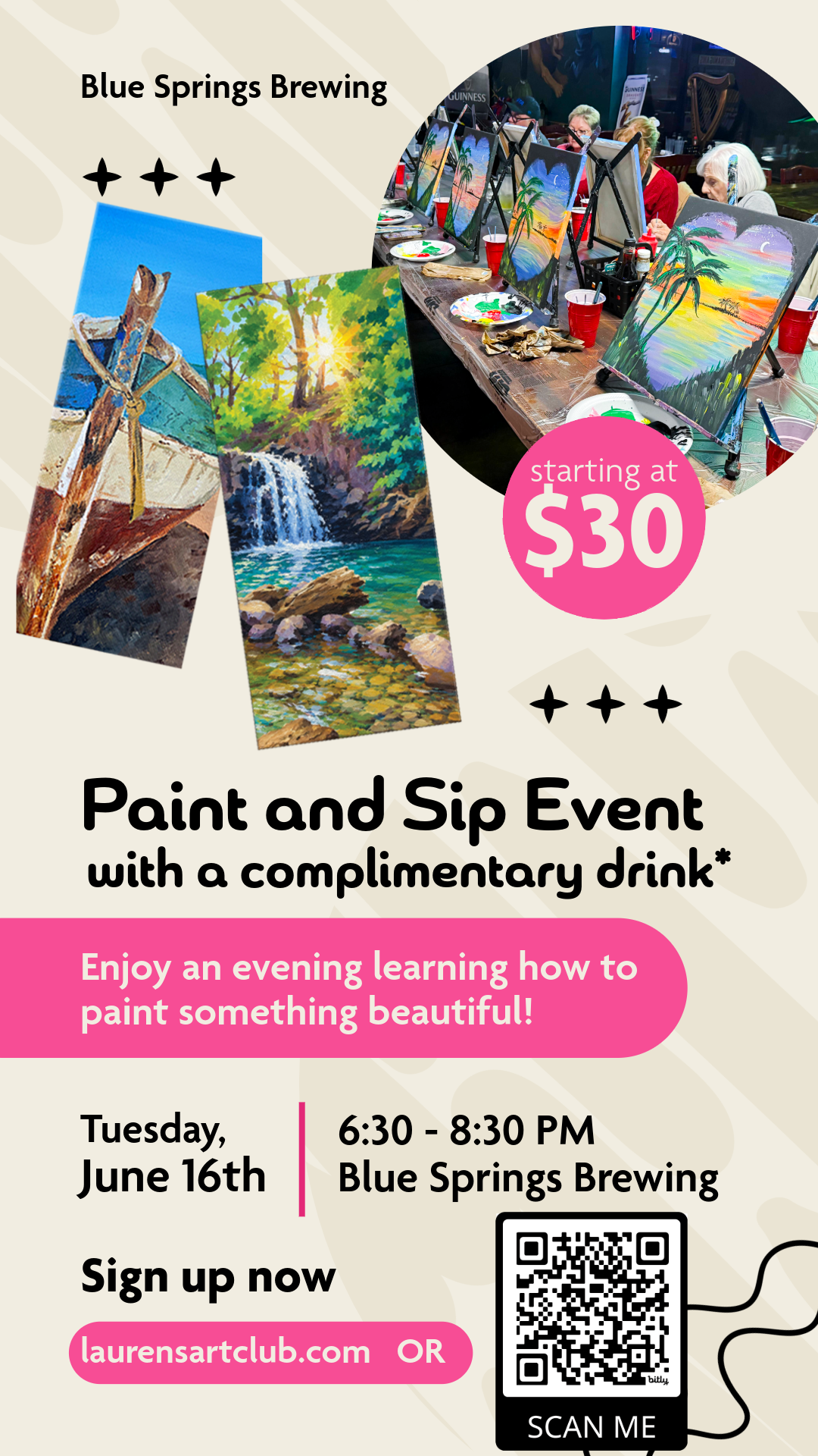 June 16th - Blue Springs Brewing - Orange City - DIY Paint & Sip - Water Escape