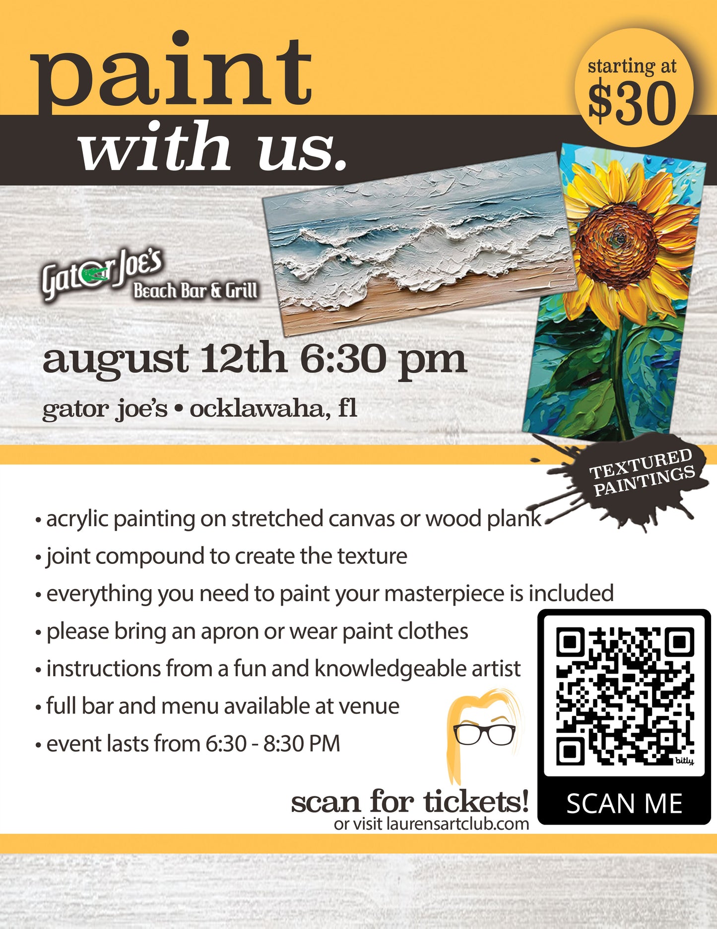 July 8th - Gator Joe’s Beach Bar And Grill - Ocklawaha - DIY Paint & Sip - Textured Beach & Sunflower