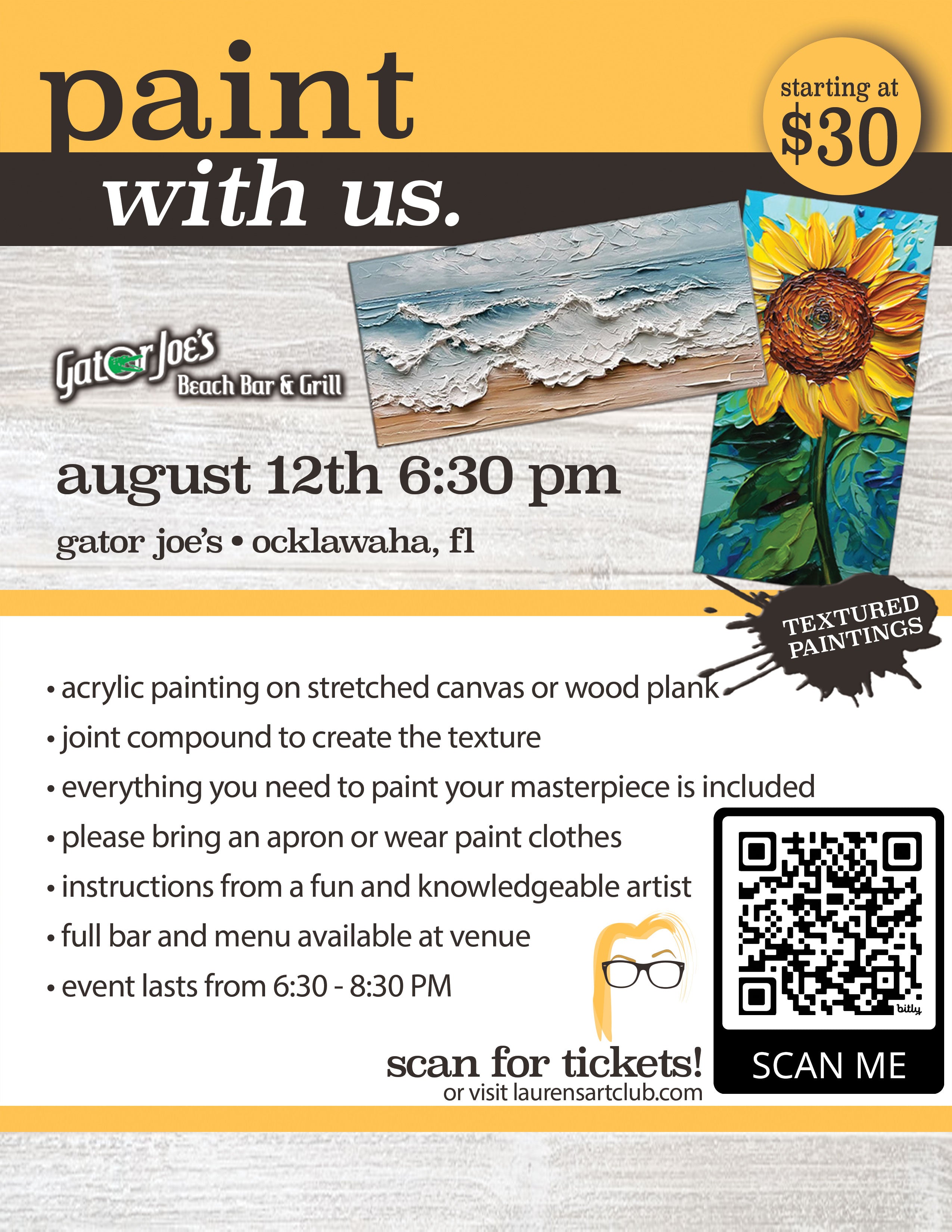 August 12th - Gator Joe’s Beach Bar And Grill - Ocklawaha - DIY Paint & Sip - Textured Beach & Sunflower