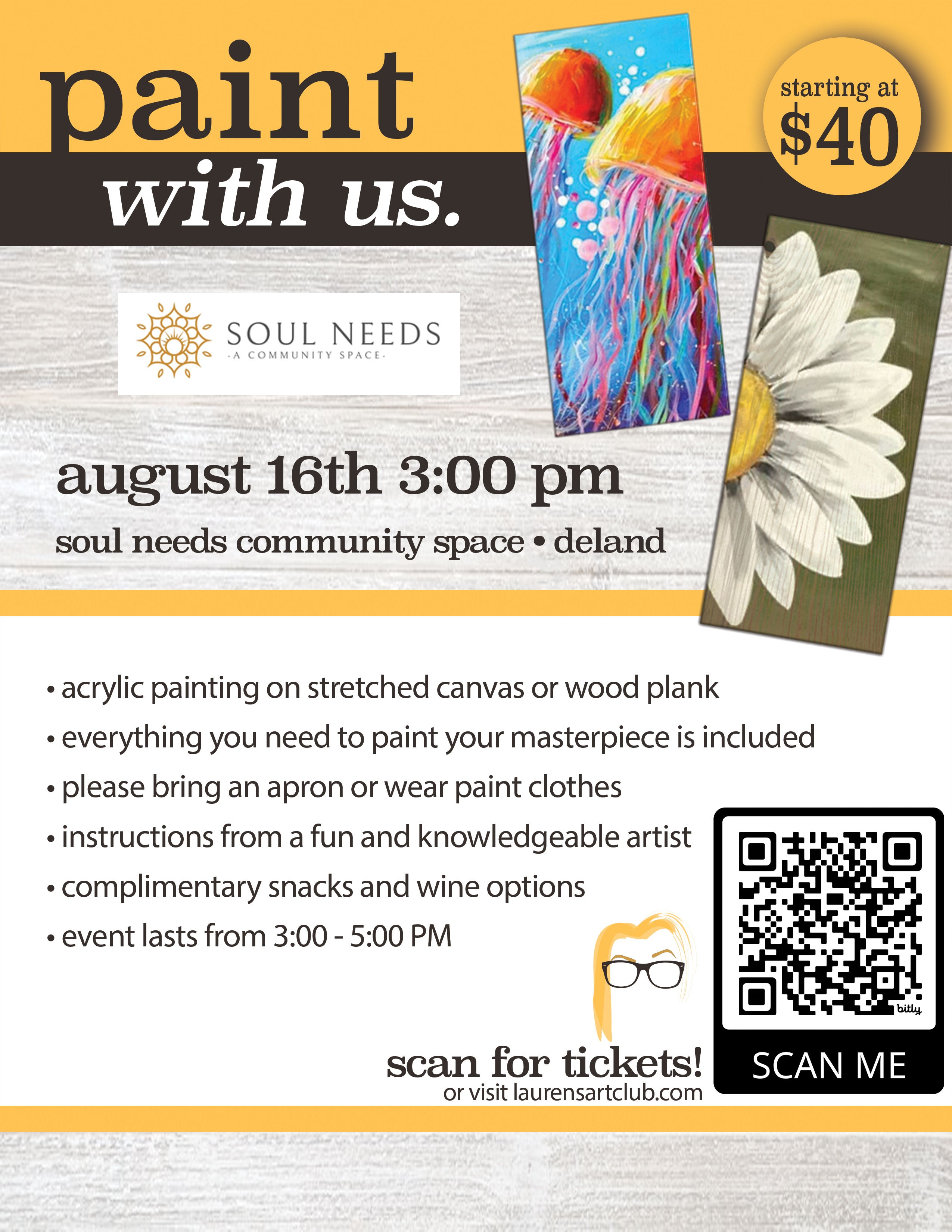 August 16th - Soul Needs a Community Space - DeLand - DIY Paint & Sip - Flamingos & Jellyfish