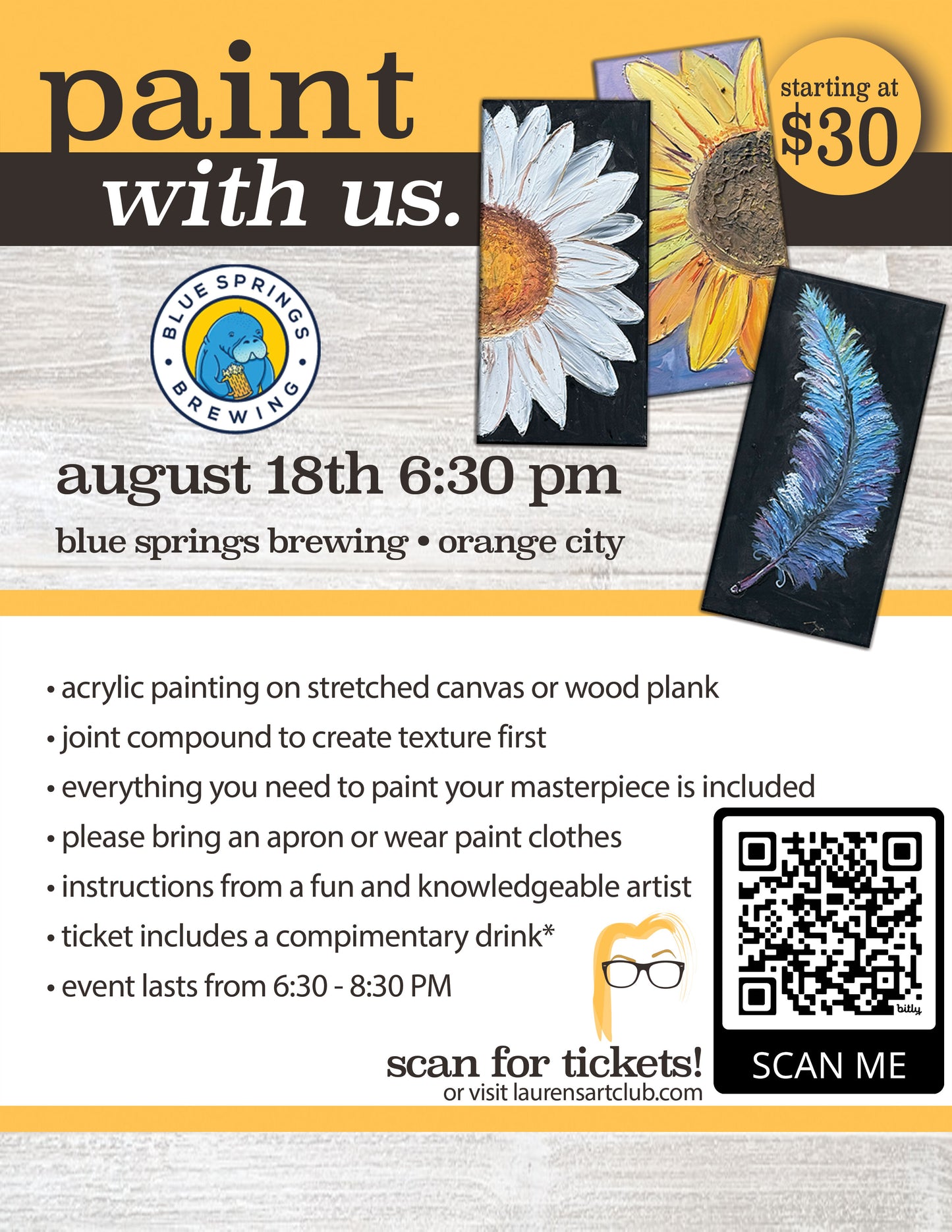 August 18th - Blue Springs Brewing - Orange City - DIY Paint & Sip - Flowers & Feathers