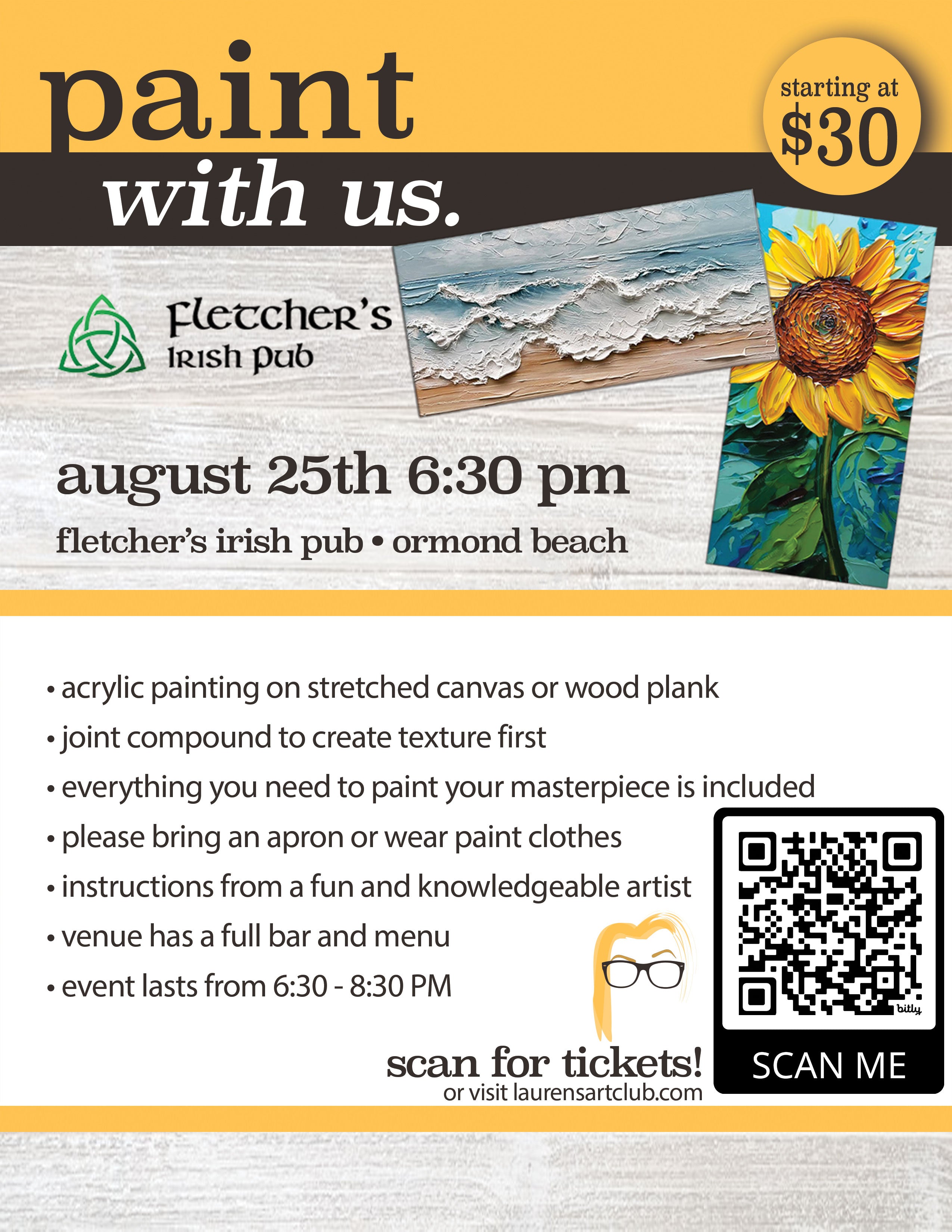 August 25th - Fletcher's Irish Pub - Ormond Beach - DIY Paint & Sip - Textured Sunflowers & Beach