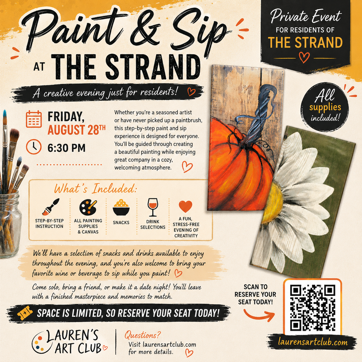 PRIVATE EVENT August 28th - The Strand Apartments - Private DIY Paint and Sip Event for Residents