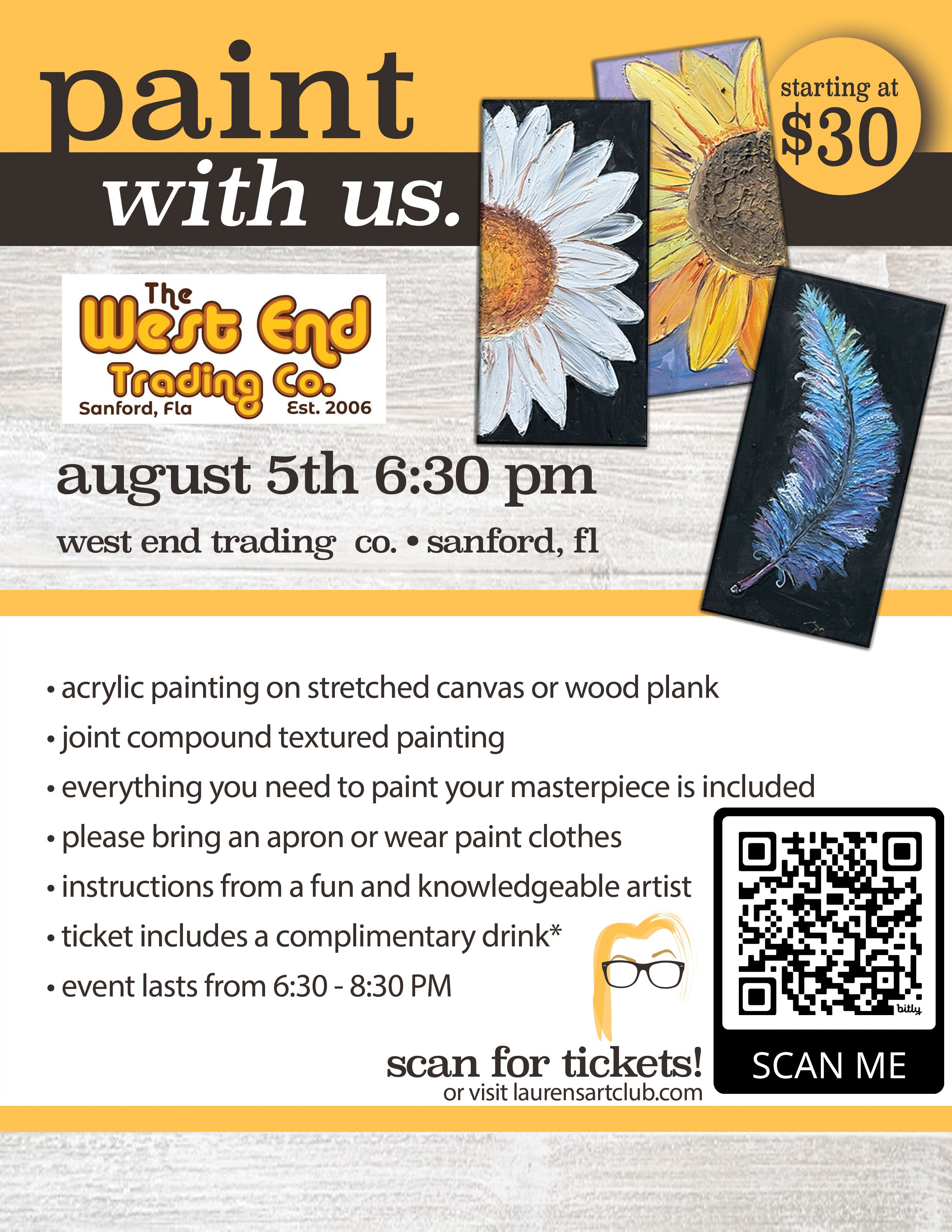 August 5th - West End - Sanford - DIY Paint & Sip - Textured Flower or Feather