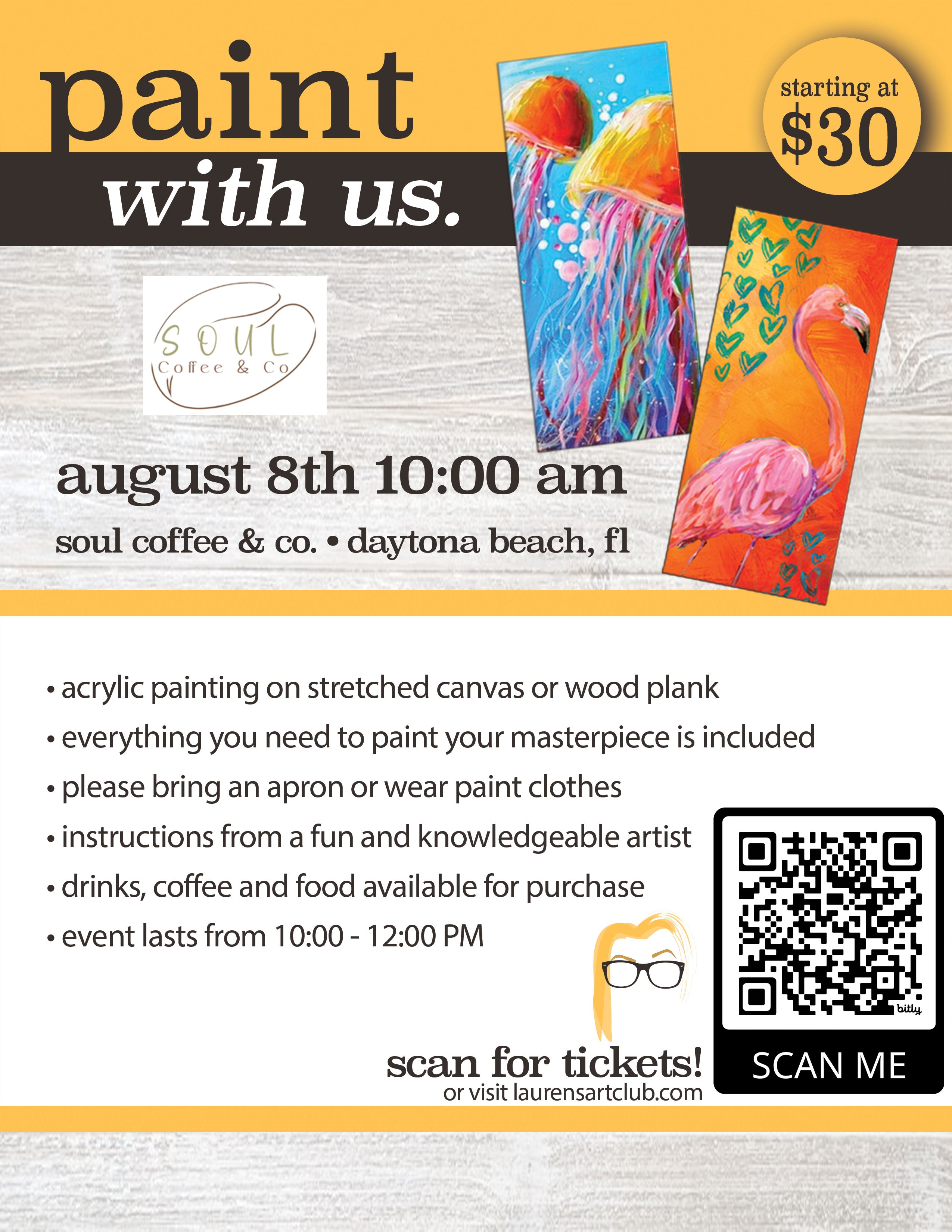August 8th - Soul Coffee & Co.- Daytona Beach - DIY Paint & Sip - Flamingos & Jellyfish