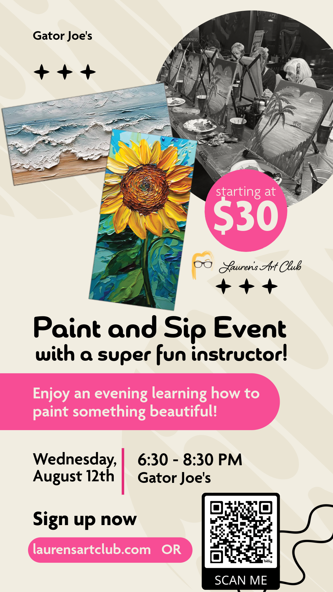 August 12th - Gator Joe’s Beach Bar And Grill - Ocklawaha - DIY Paint & Sip - Textured Beach & Sunflower