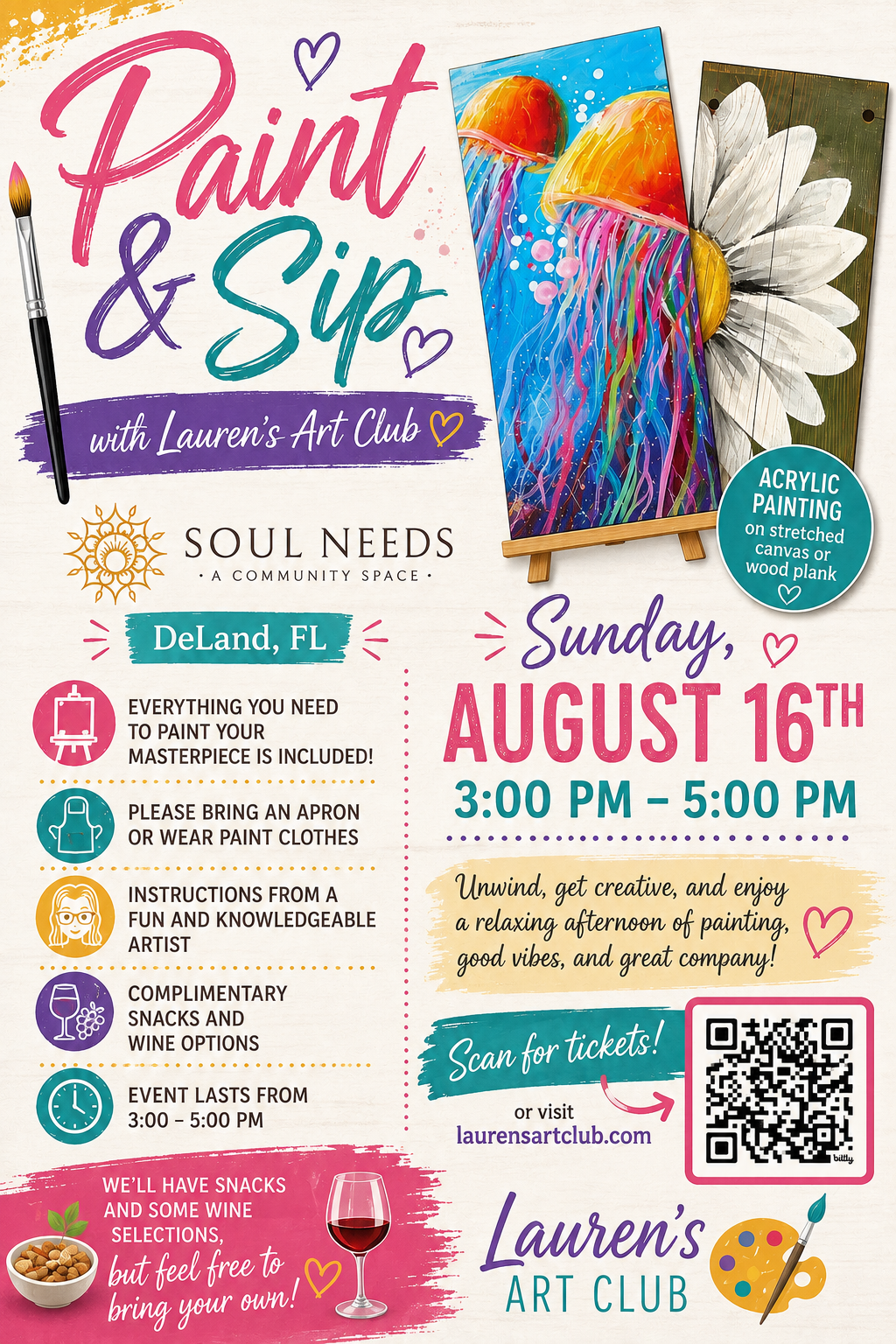 August 16th - Soul Needs a Community Space - DeLand - DIY Paint & Sip - Flamingos & Jellyfish