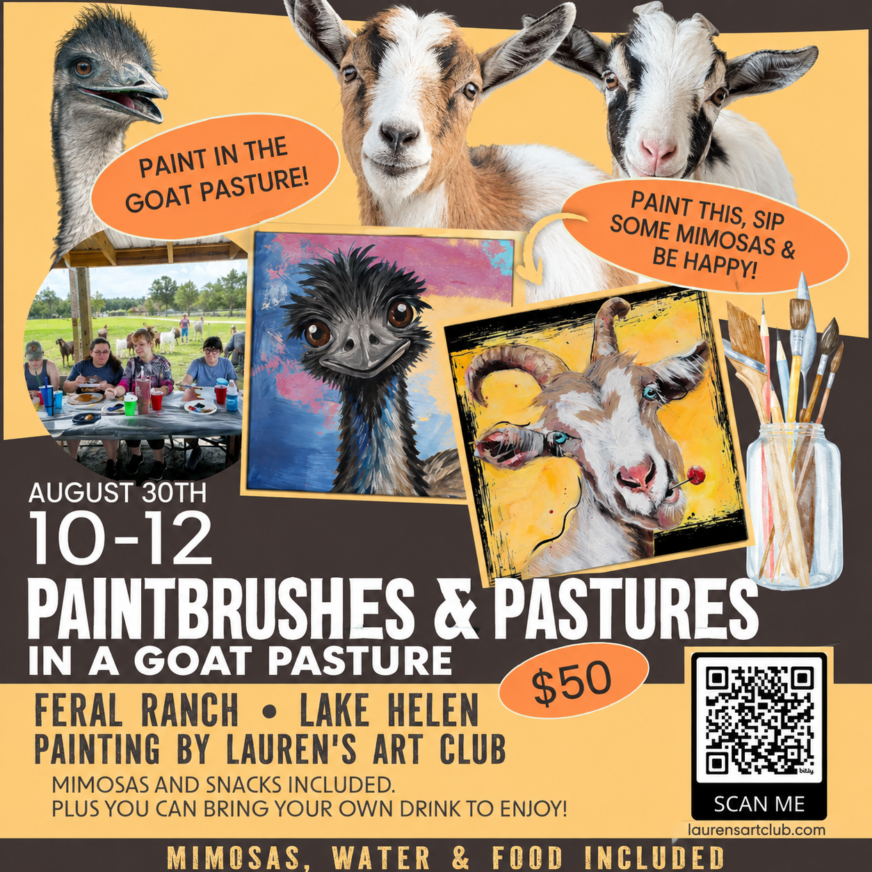 August 30th - Feral Ranch - Lake Helen - Paint & Sip with Highland Cows - Emus & Goats