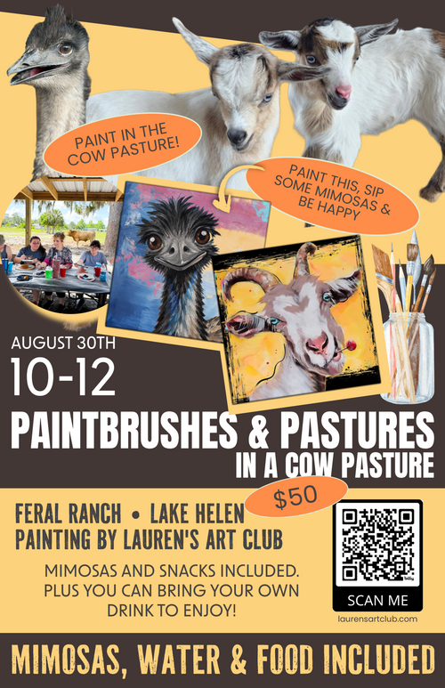 August 30th - Feral Ranch - Lake Helen - Paint & Sip with Highland Cows - Emus & Goats