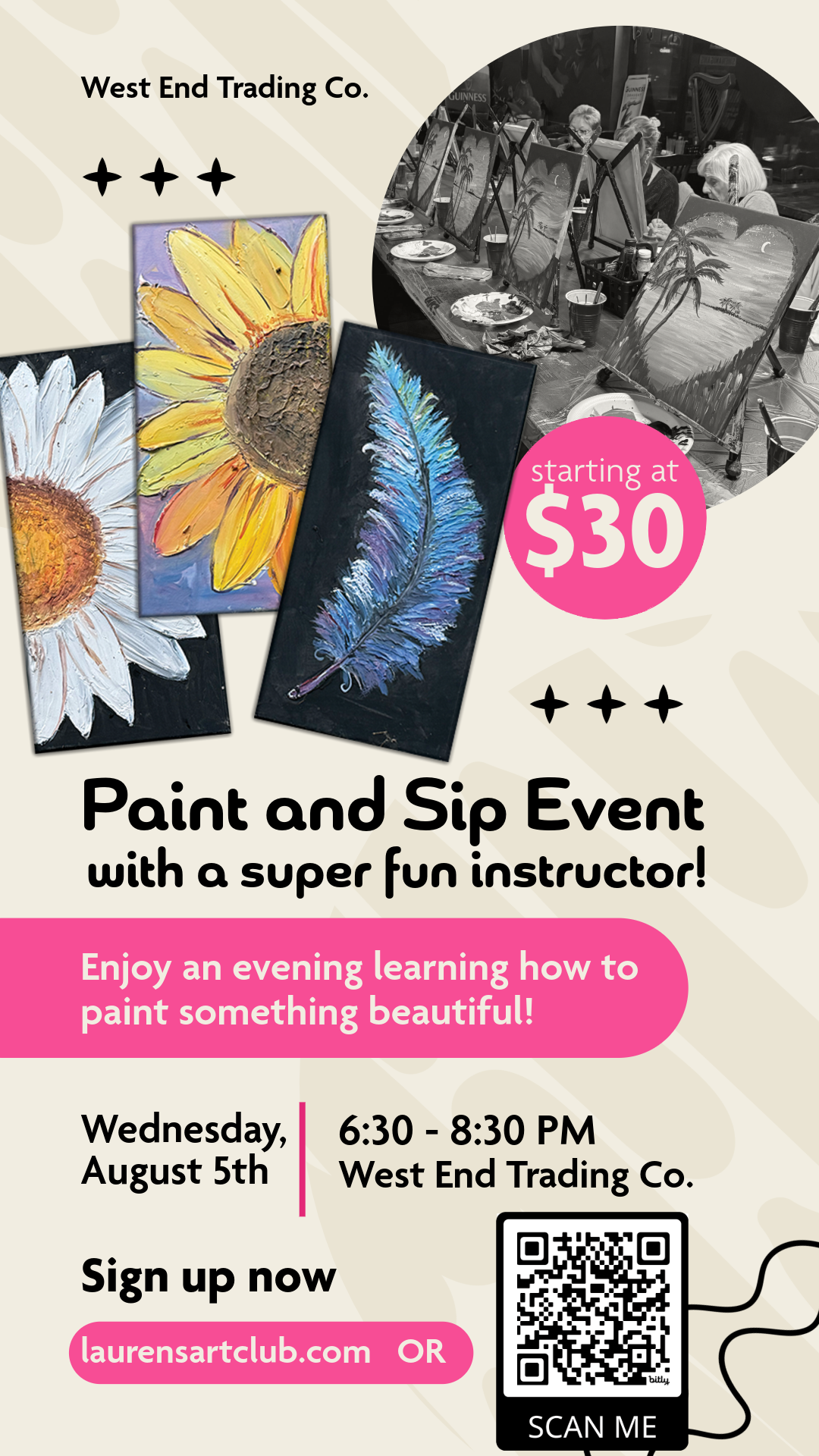 August 5th - West End - Sanford - DIY Paint & Sip - Textured Flower or Feather