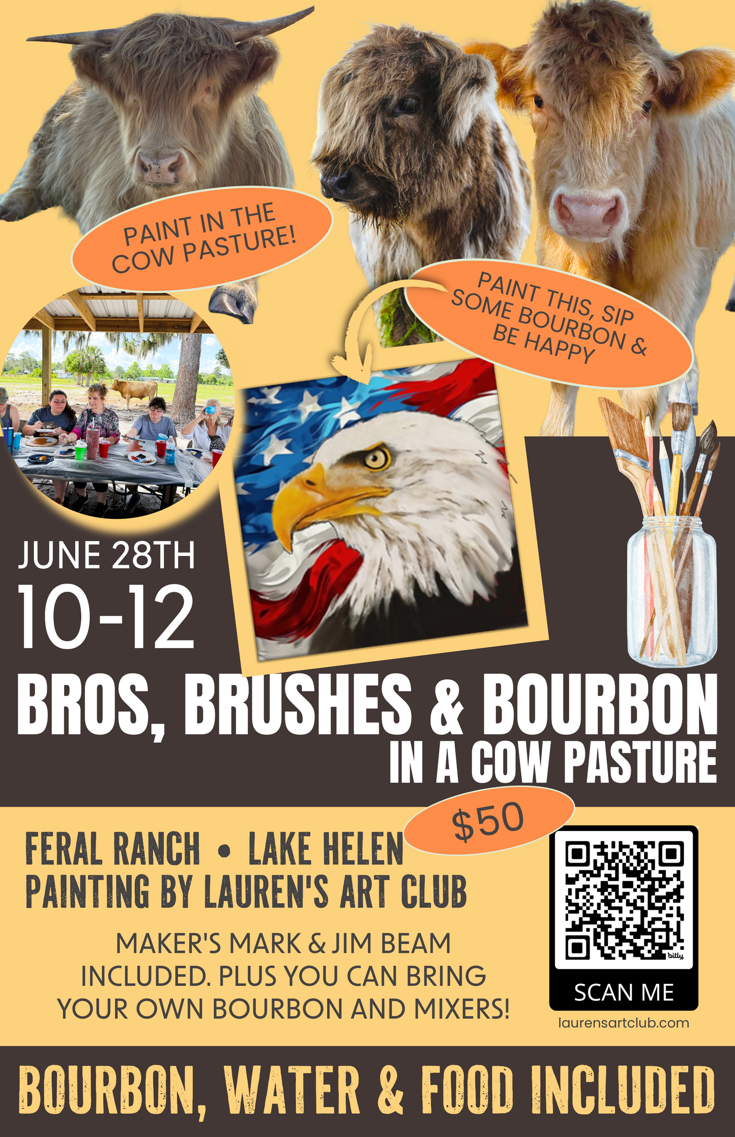 June 28th - Feral Ranch - Lake Helen - BROS, BRUSHES & BOURBON [[in a cow pasture]]