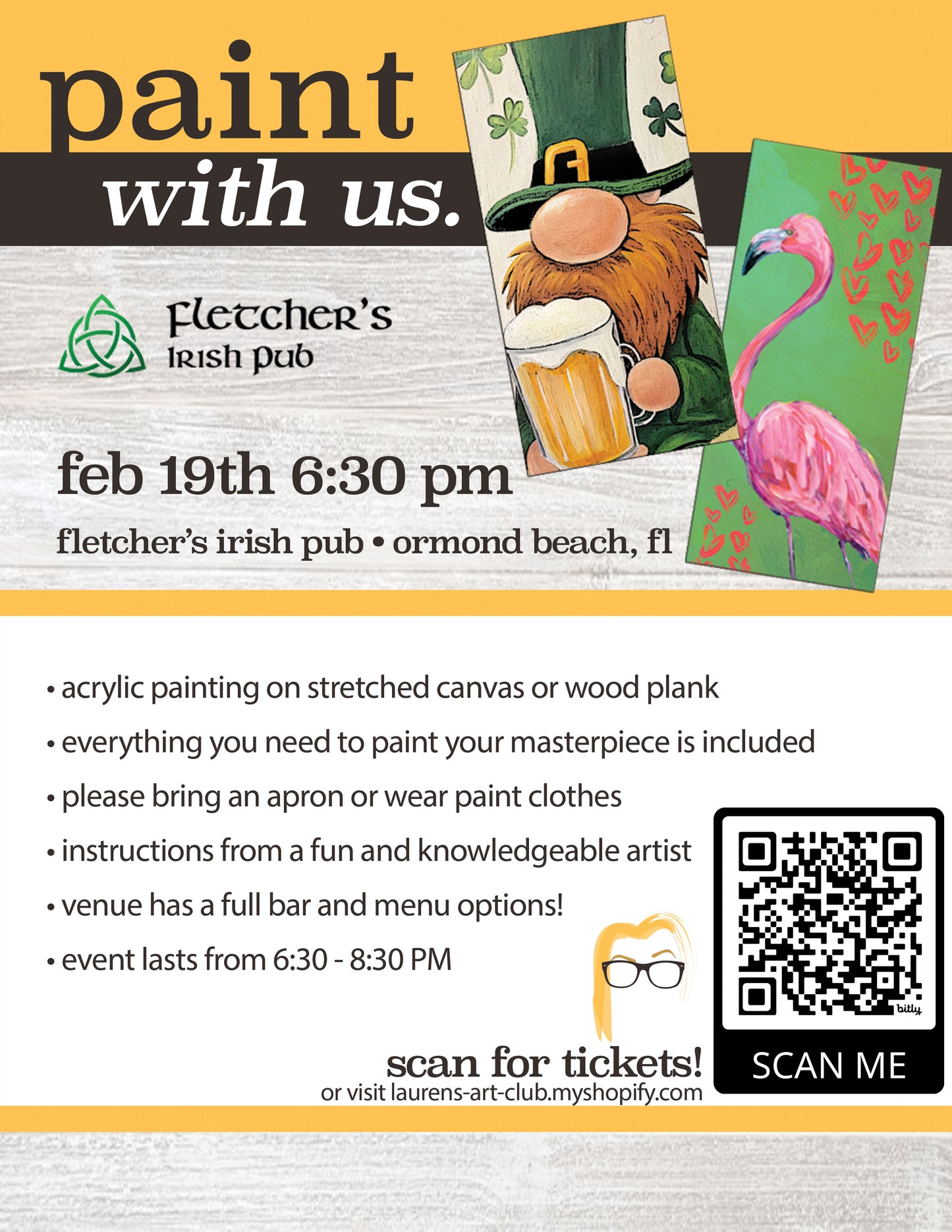 February 19th - Fletcher's Irish Pub - Ormond Beach - DIY Paint & Sip - Irish meets Flamingos