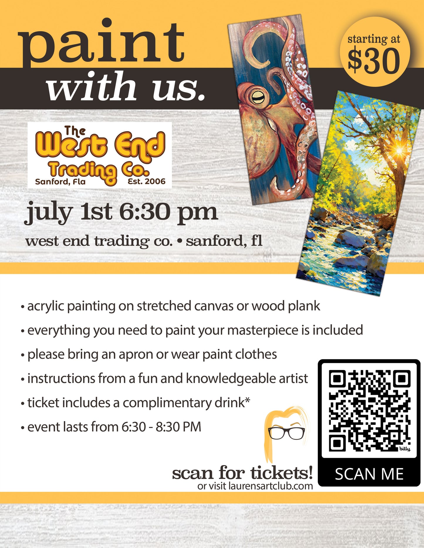 July 1st - West End - Sanford - DIY Paint & Sip - Tentacles or Glimmering Waters