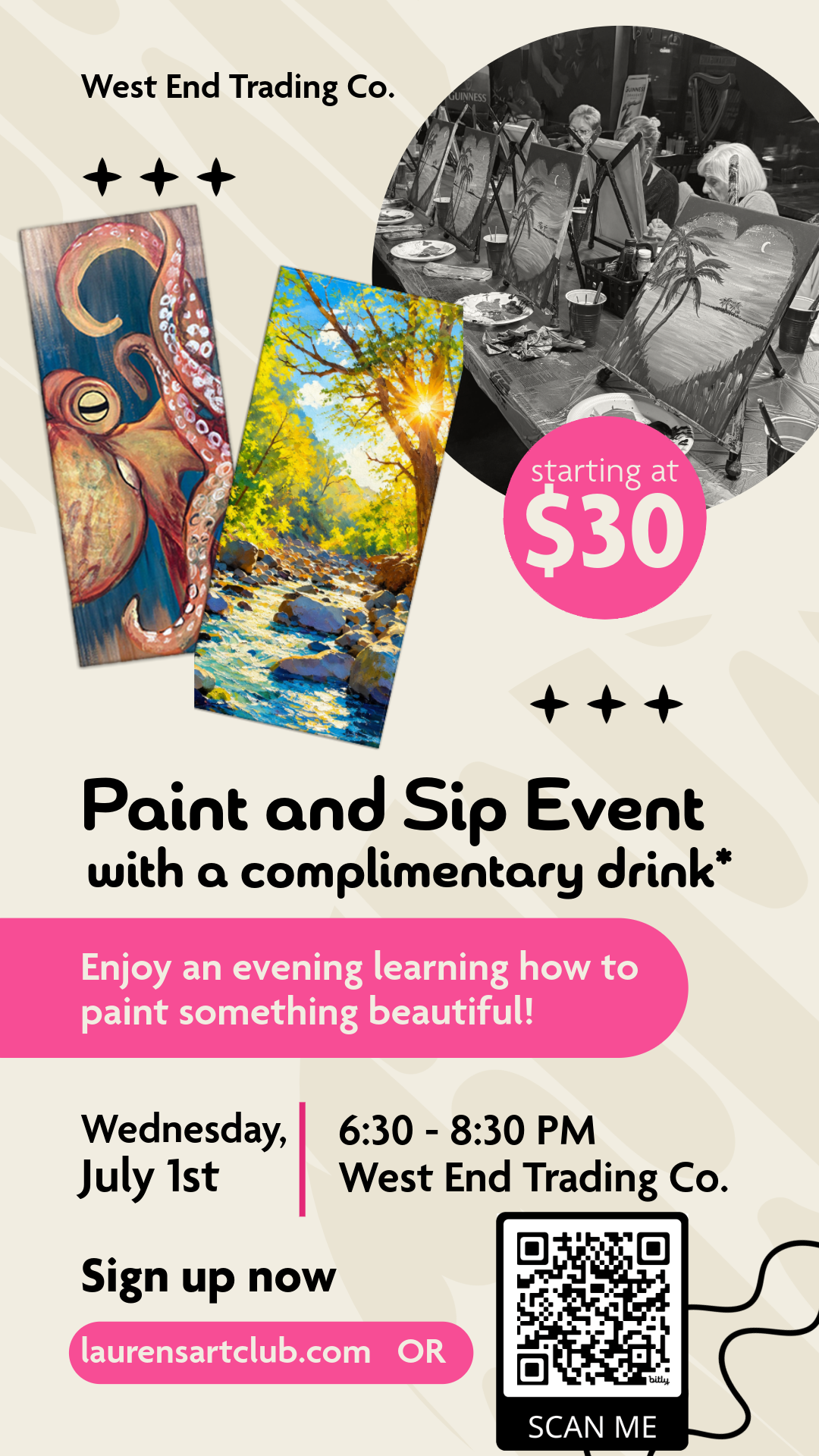 July 1st - West End - Sanford - DIY Paint & Sip - Tentacles or Glimmering Waters