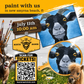 Promotional flyer for a painting event with goats and a horse, featuring a rustic ranch logo and QR code for tickets.