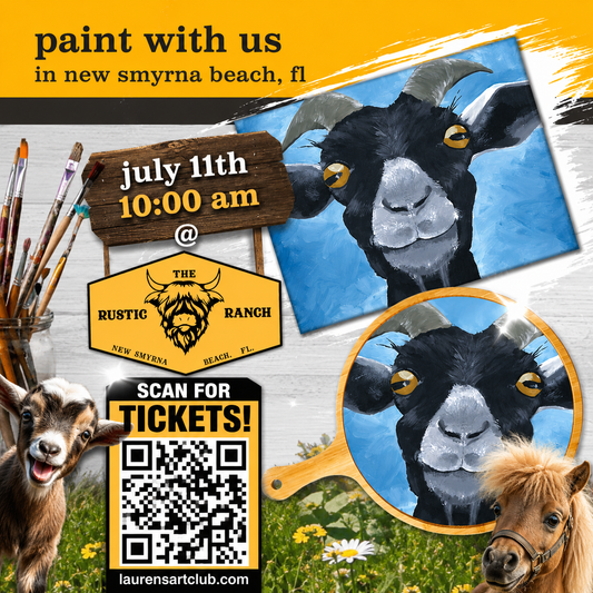 Promotional flyer for a painting event with goats and a horse, featuring a rustic ranch logo and QR code for tickets.