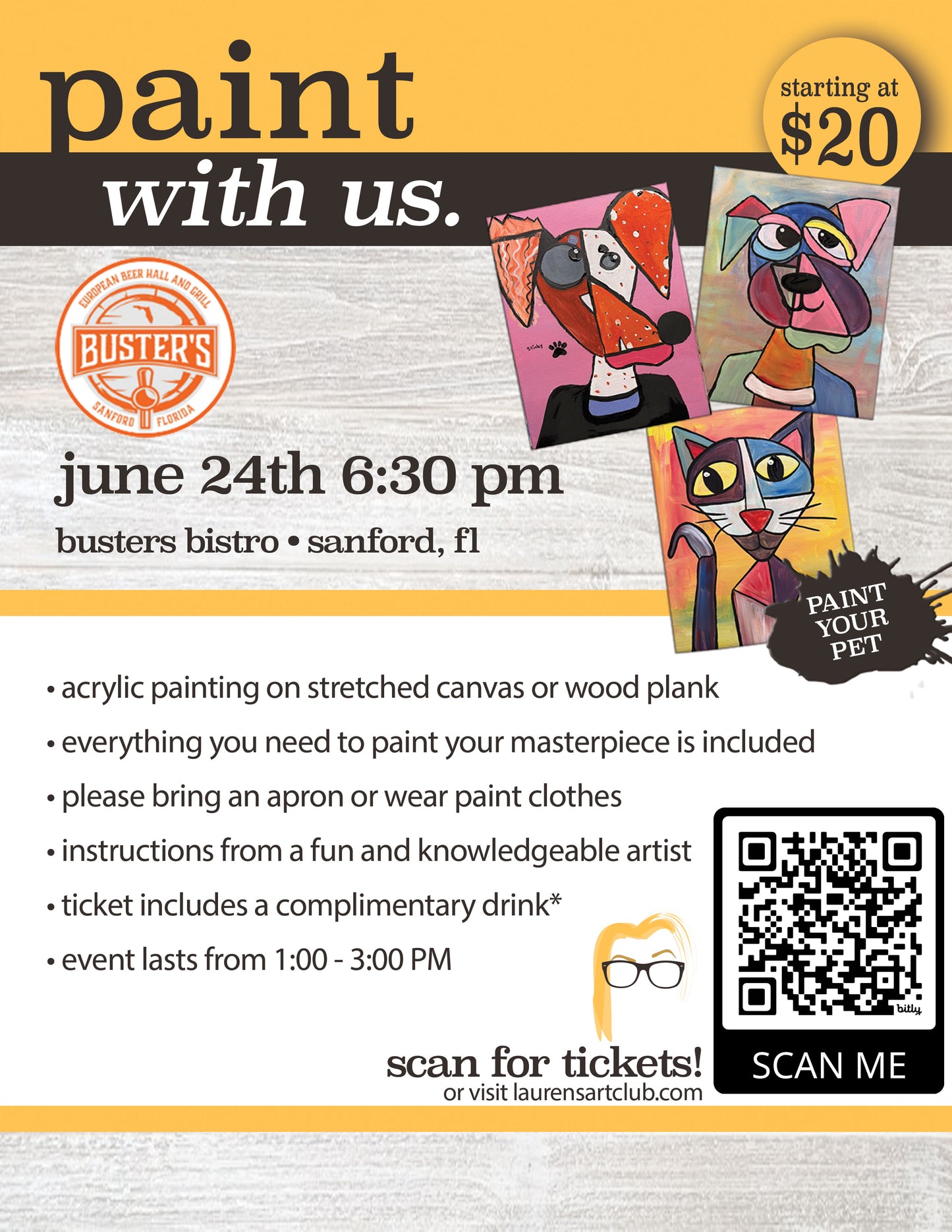 June 24th - Buster's Bistro - Sanford - DIY Paint & Sip - Paint your Pet Fundraiser PICASSO STYLE