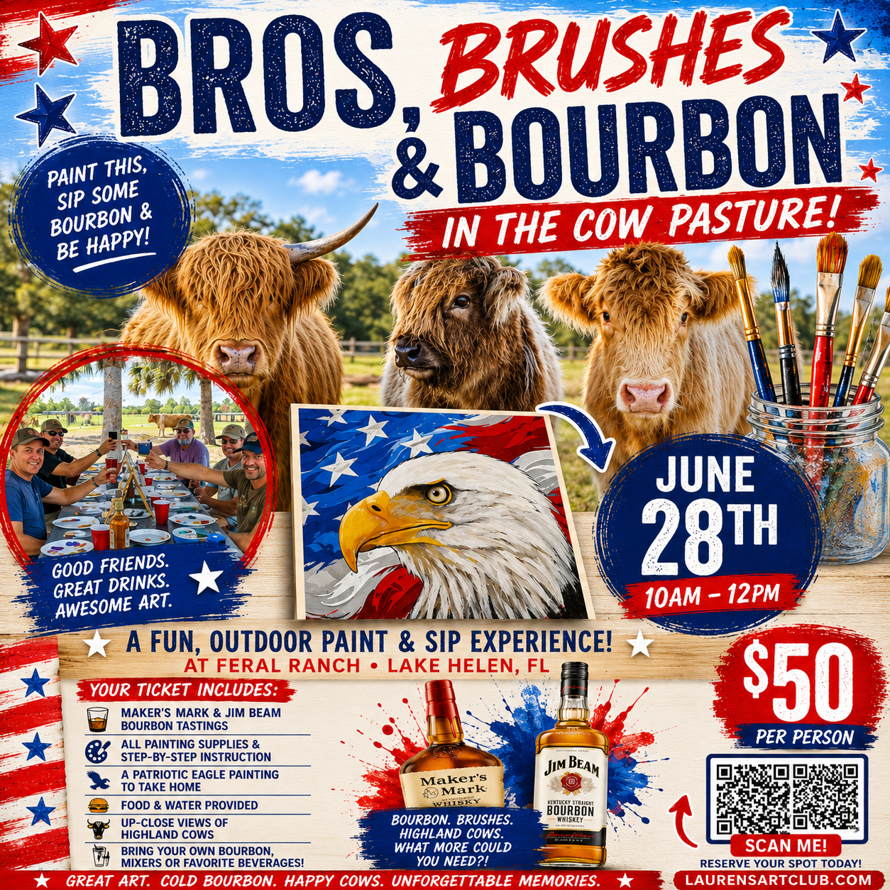 June 28th - Feral Ranch - Lake Helen - BROS, BRUSHES & BOURBON [[in a cow pasture]]