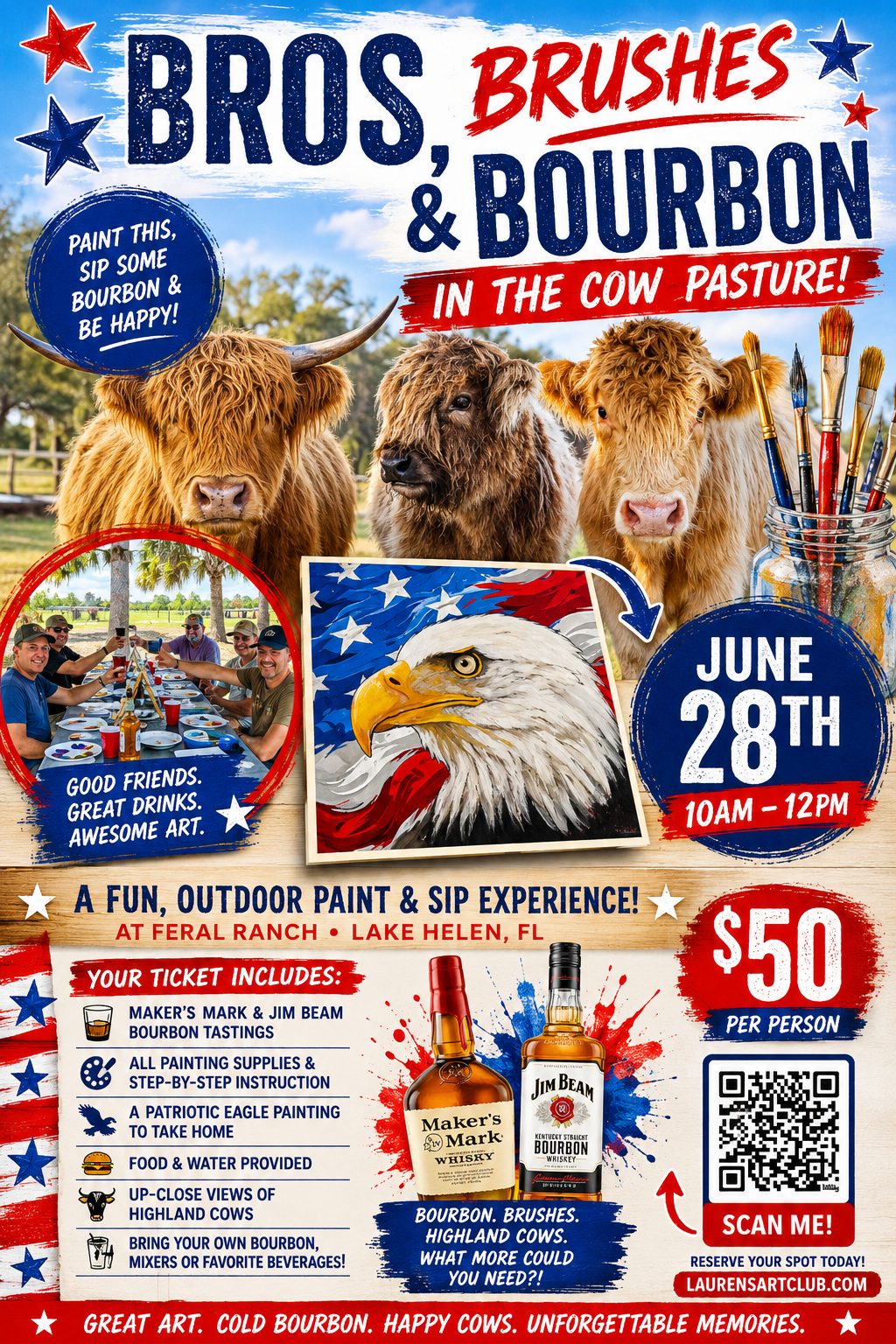 June 28th - Feral Ranch - Lake Helen - BROS, BRUSHES & BOURBON [[in a cow pasture]]