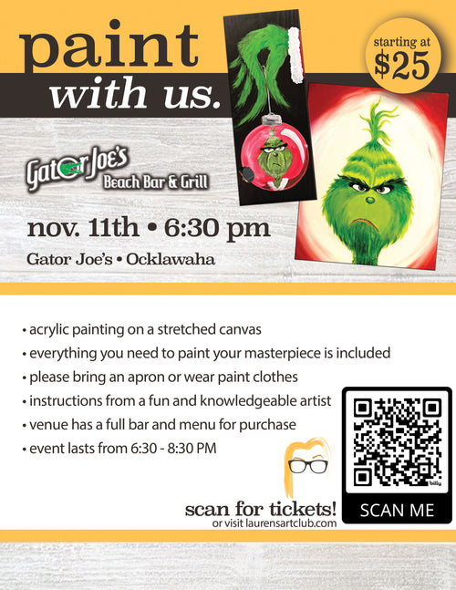 November 11th - Gator Joe’s Beach Bar And Grill - Ocklawaha - DIY Paint & Sip - THE GRINCH