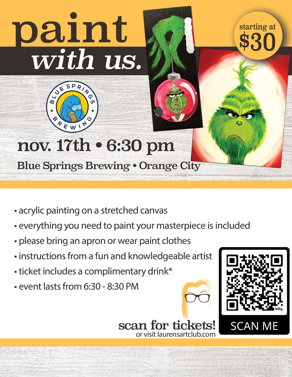 November 17th - Blue Springs Brewing - Orange City - DIY Paint & Sip - THE GRINCH