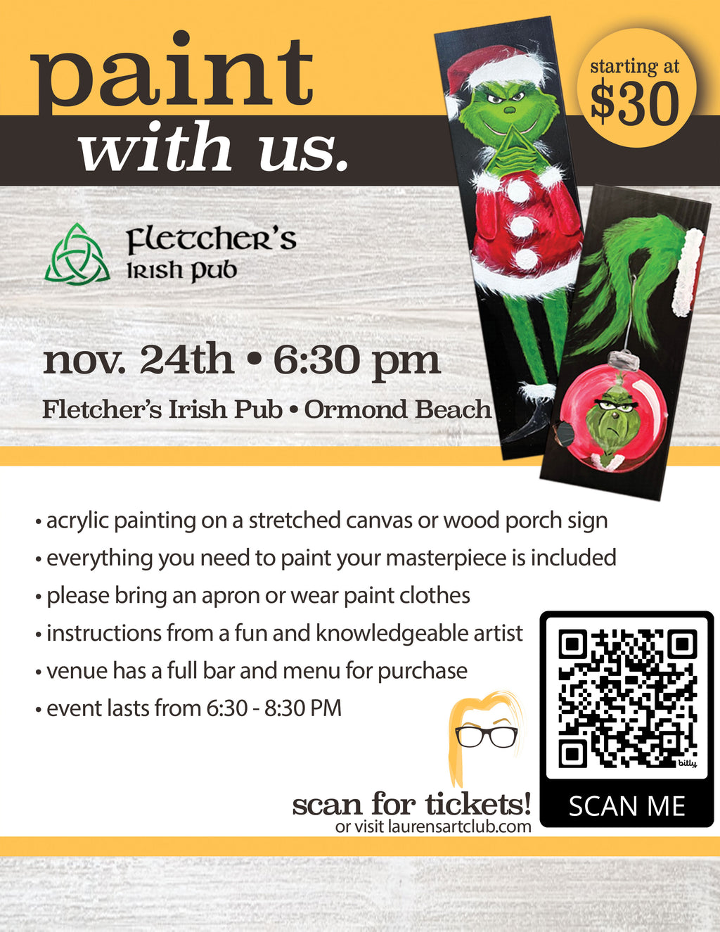 November 24th - Fletcher's Irish Pub - Ormond Beach - DIY Paint & Sip - GRINCH