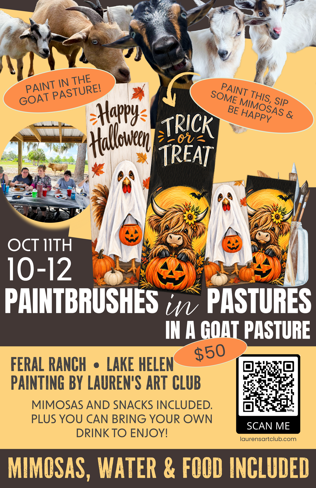 October 11th - Feral Ranch - Lake Helen - Paint & Sip with Highland Cows - Chicken Ghosts and Highland Babies