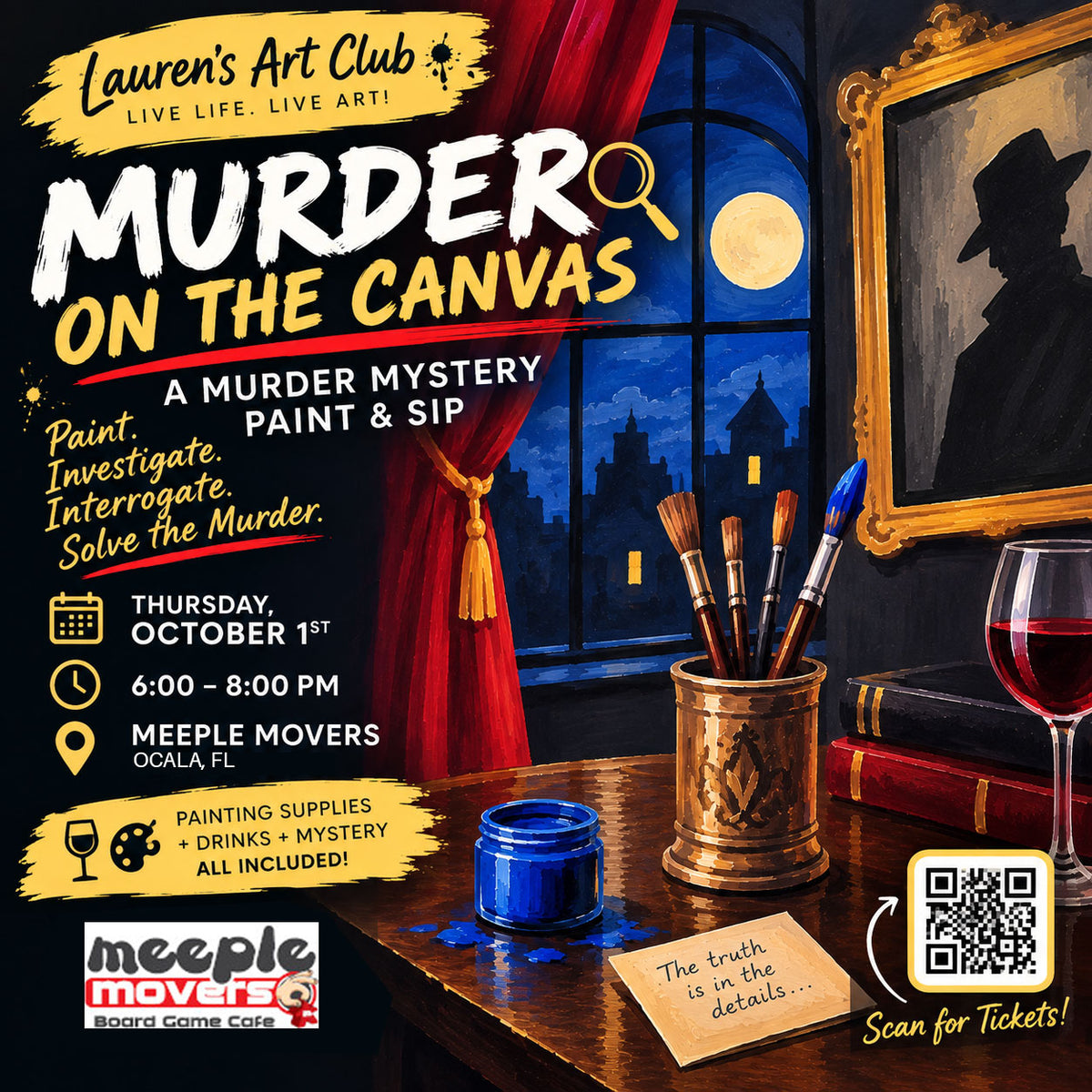October 1st - Meeple Movers Board Game Cafe - Ocala - MURDER ON THE CANVAS: A Murder Mystery Paint & Sip