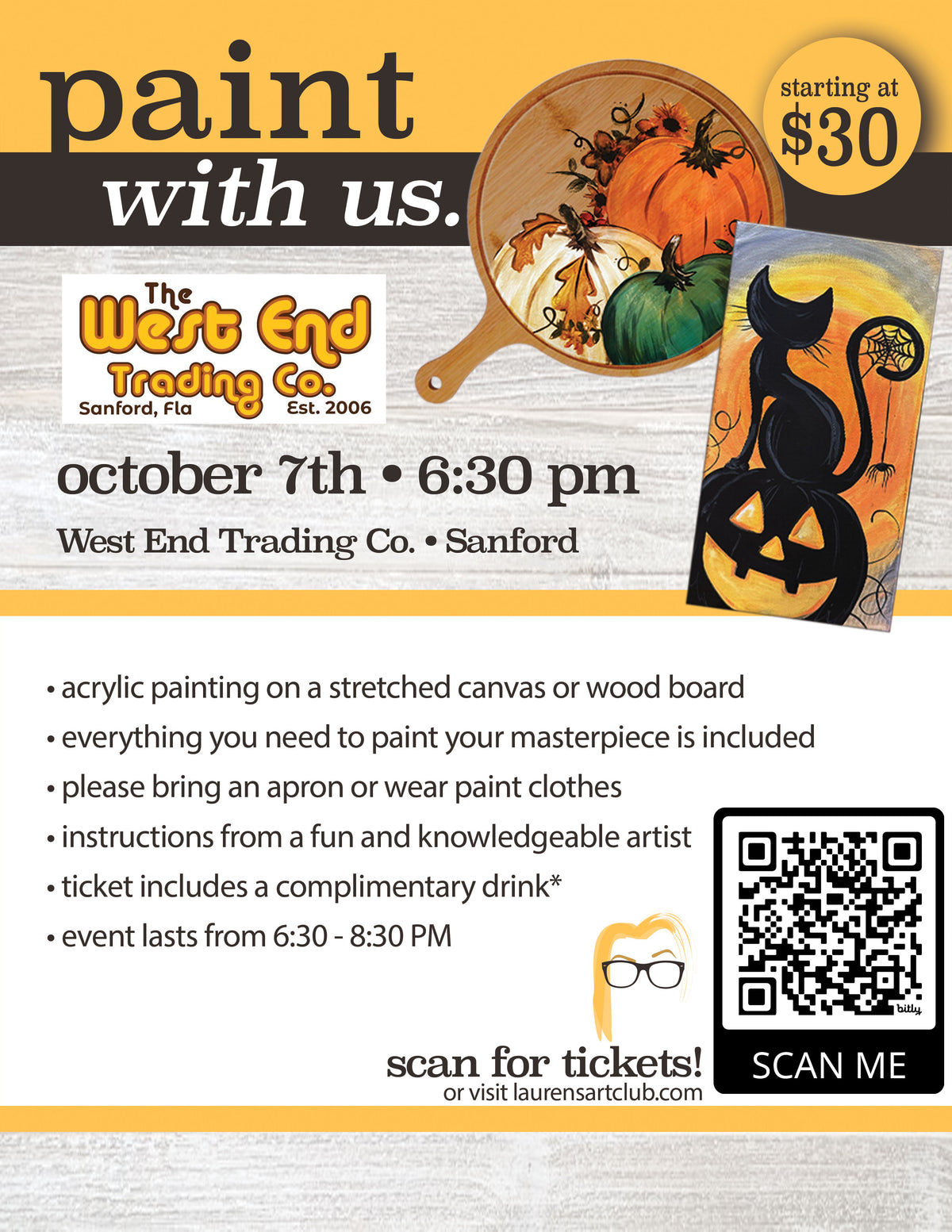 October 7th - West End - Sanford - DIY Paint & Sip - Black Cats and Pumpkin Decor