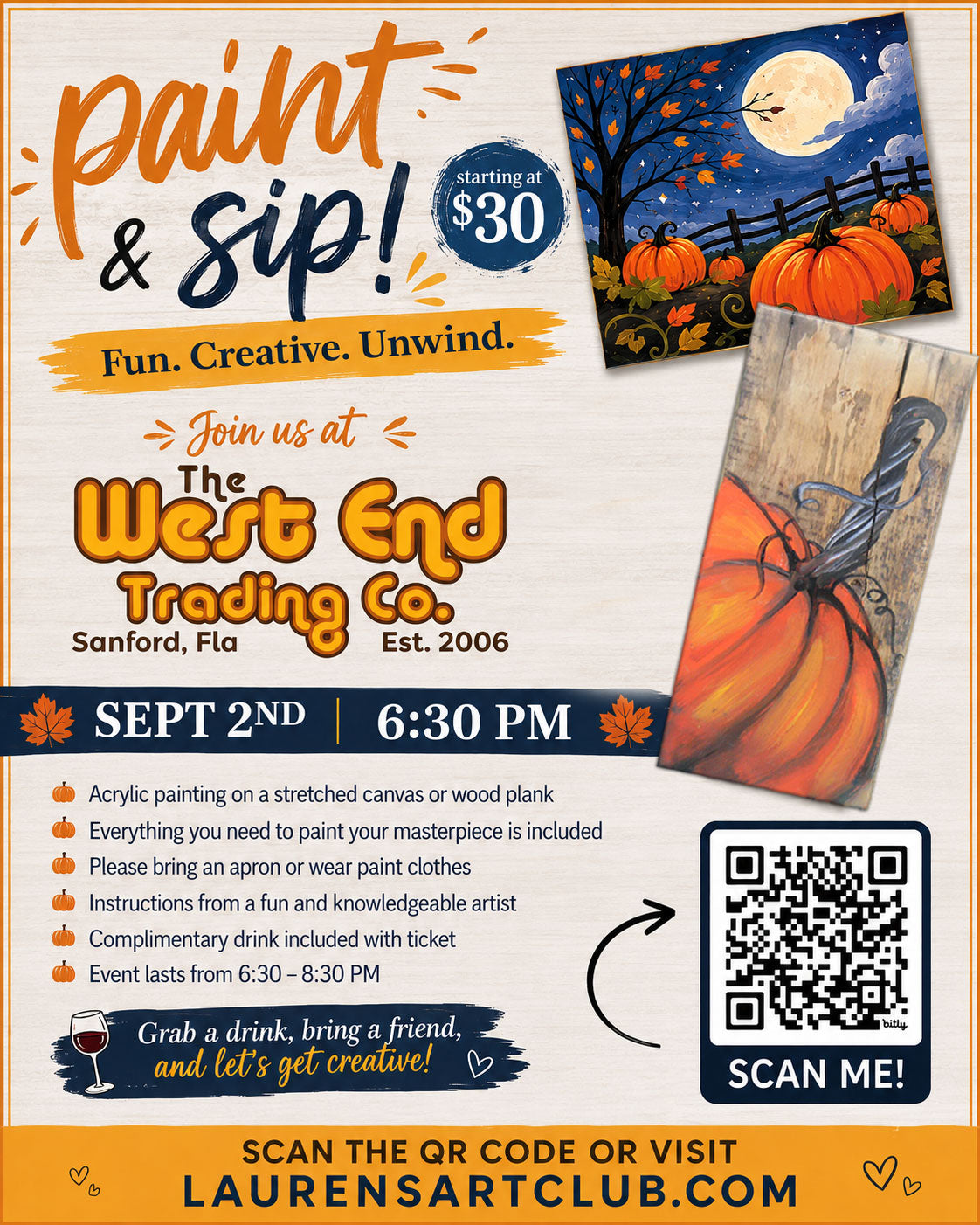 September 2nd - West End - Sanford - DIY Paint & Sip - Pumpkin Takeover