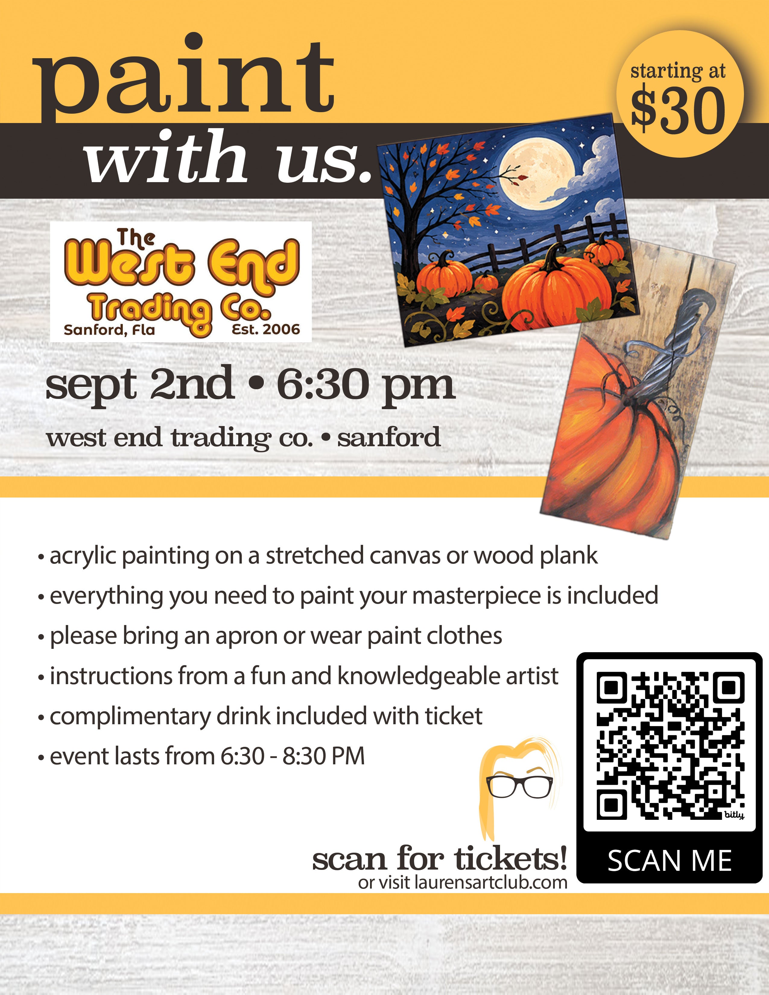 September 2nd - West End - Sanford - DIY Paint & Sip - Pumpkin Takeover