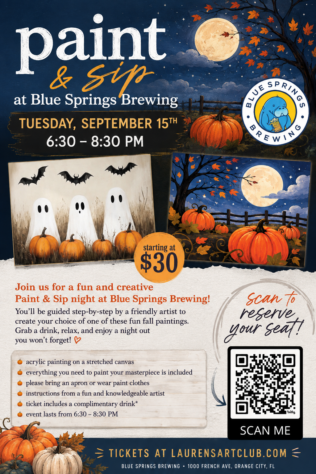 September 15th - Blue Springs Brewing - Orange City - DIY Paint & Sip - Pumpkins