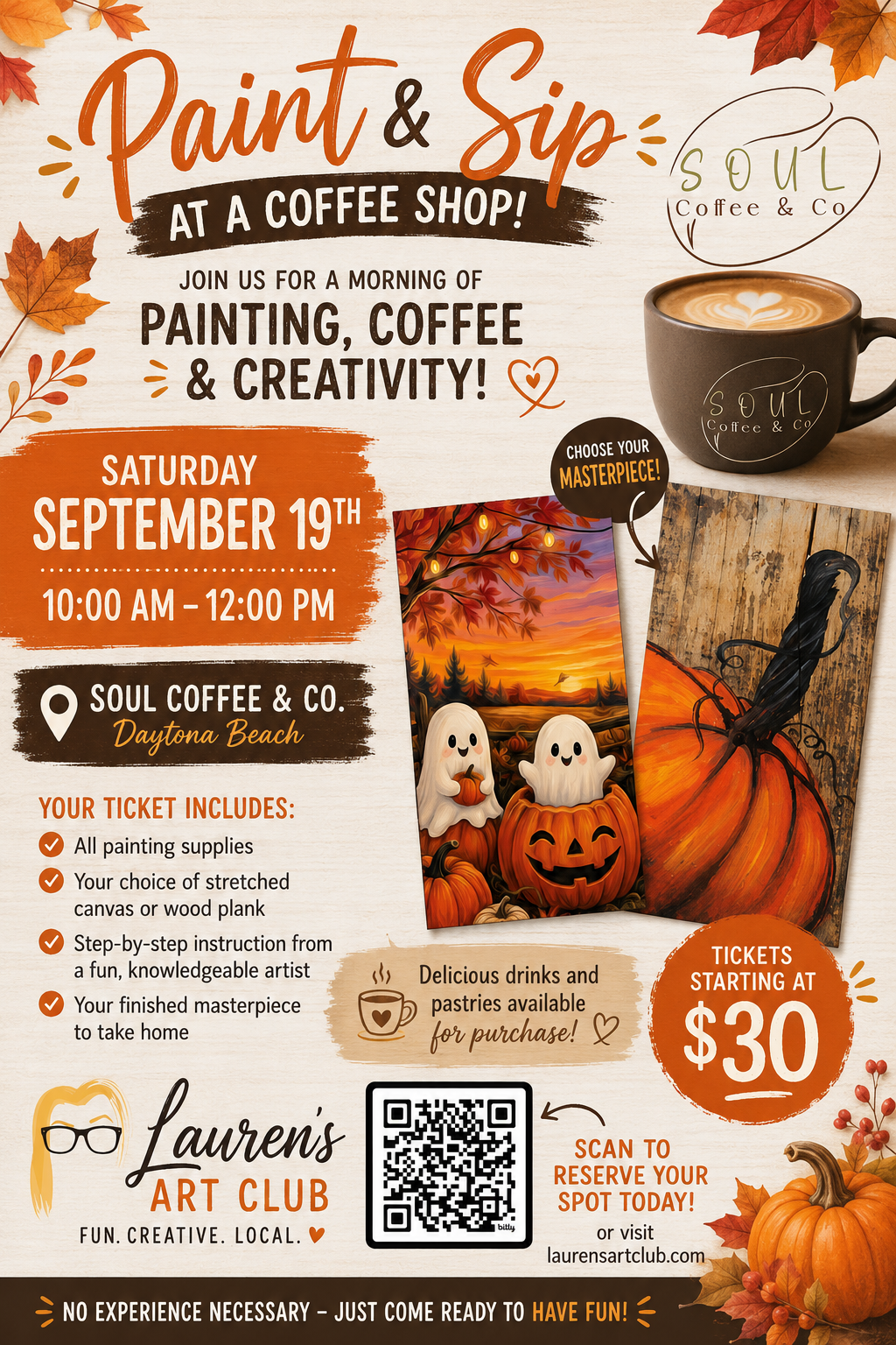 September 19th - Soul Coffee & Co.- Daytona Beach - DIY Paint & Sip - Pumpkins and Ghosts