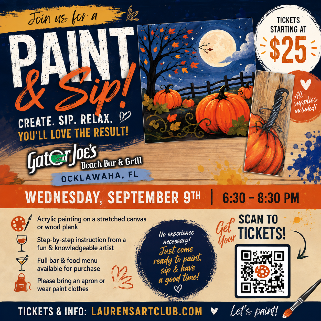 September 9th - Gator Joe’s Beach Bar And Grill - Ocklawaha - DIY Paint & Sip - Pumpkin Takeover